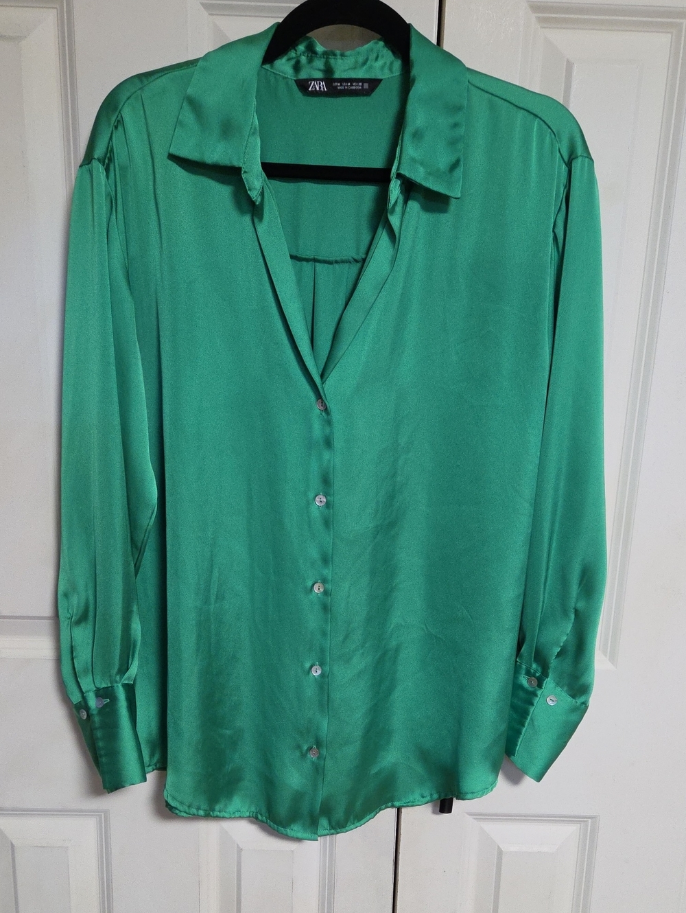 ZARA Green Satin Button-Down Shirt